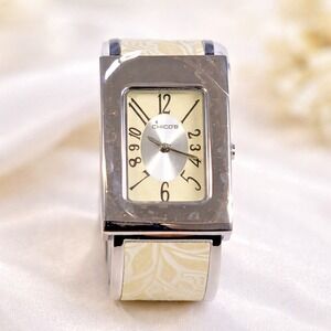 Chico's CH-921 Floral Cuff Watch Cream Silver Tone Japan Movement NEW